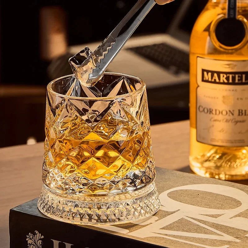 Rotating Whisky Glasses with Glass Base 360 Rotate Degrees Crystal Rum Glass for Cocktail Party Drinking
